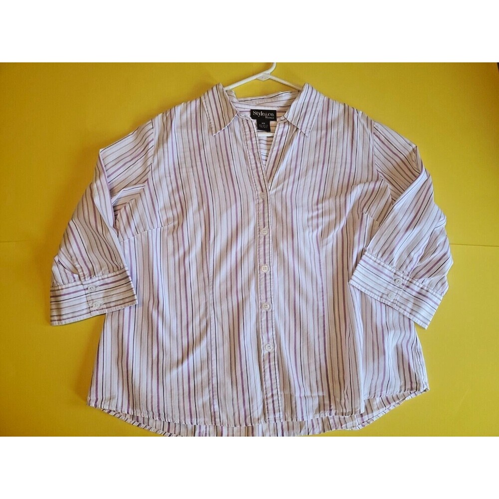 Women Sz 18W Button Front Blouse lightweight Striped Collared 1/2 Sleeve